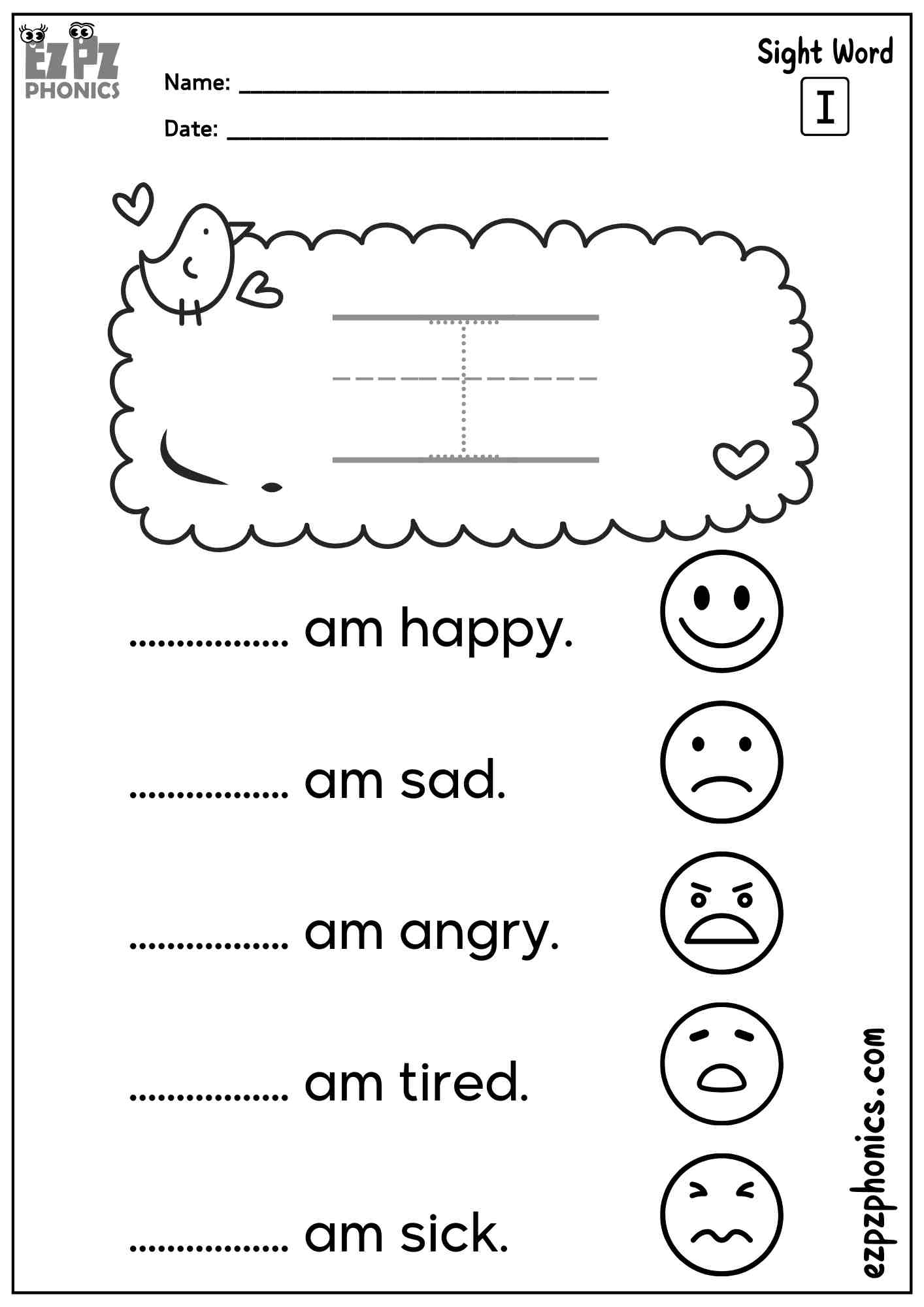 The Word “I” - Dolch Pre-Kindergarten Sight Words Sentences Worksheet – Free PDF Download